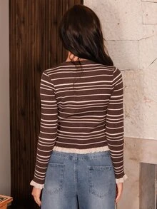 Bris Aura 女士休闲条纹荷叶边开衫，秋冬款 - 棕色 - 查看 2