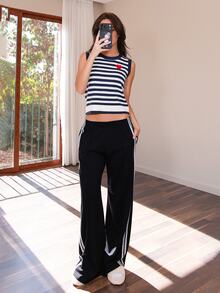 Bris Aura Women's Elastic Waist Side Striped Wide Leg Loose Casual Sweatpants, Autumn/Winter - Black - View 4