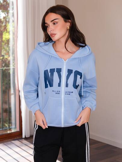 Bris Aura Women's Hooded Zip-Up Sweatshirt,Letter Print Navy Blue,Autumn,Oversized,School,Back-To-School Casual Jacket For Teachers,Graduation,Winter Outerwear