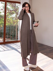 Bris Aura 女士纯色长袖长款开衫毛衣 - 棕色 - 查看 1
