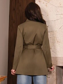 Bris Aura 时尚法式复古H型腰带收腰翻领驼色女秋冬风衣 - 軍綠色 - 查看 2