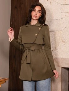 Bris Aura 时尚法式复古H型腰带收腰翻领驼色女秋冬风衣 - 軍綠色 - 查看 1