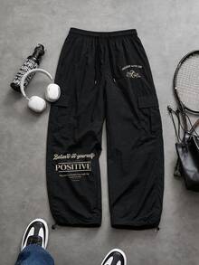 Sport MetroGents Men's Bull Print Cargo Wide Leg Pants, Drawstring Cuffed Joggers, Streetwear Casual Trousers - Black - View 1