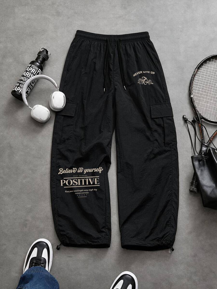 Sport MetroGents Men's Bull Print Cargo Wide Leg Pants, Drawstring Cuffed Joggers, Streetwear Casual Trousers - Black - View 1