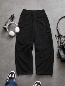 Sport MetroGents Men's Bull Print Cargo Wide Leg Pants, Drawstring Cuffed Joggers, Streetwear Casual Trousers - Black - View 2
