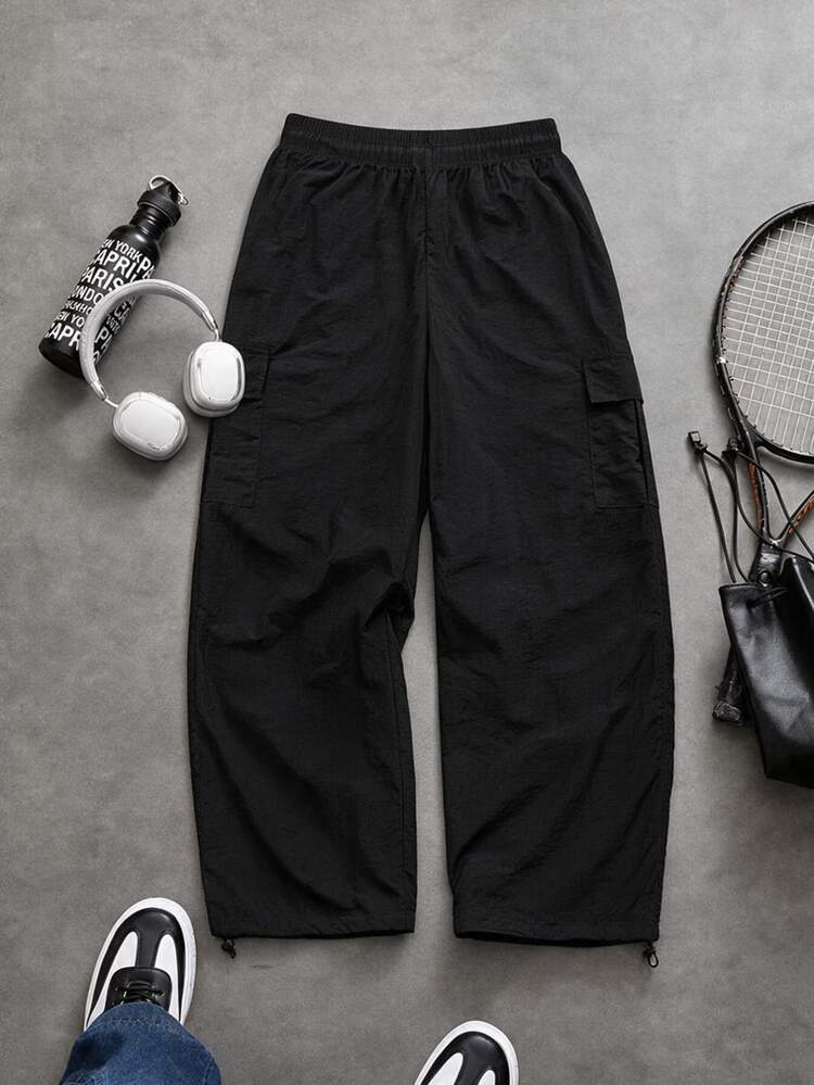 Sport MetroGents 男士公牛印花工裝寬腿褲，抽繩束口慢跑褲，街頭休閒長褲 - 黑色 - 查看 2