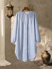 Rusticease Plus Size Women's Striped Casual Everyday Summer Dress Fall - Blue and White - View 6