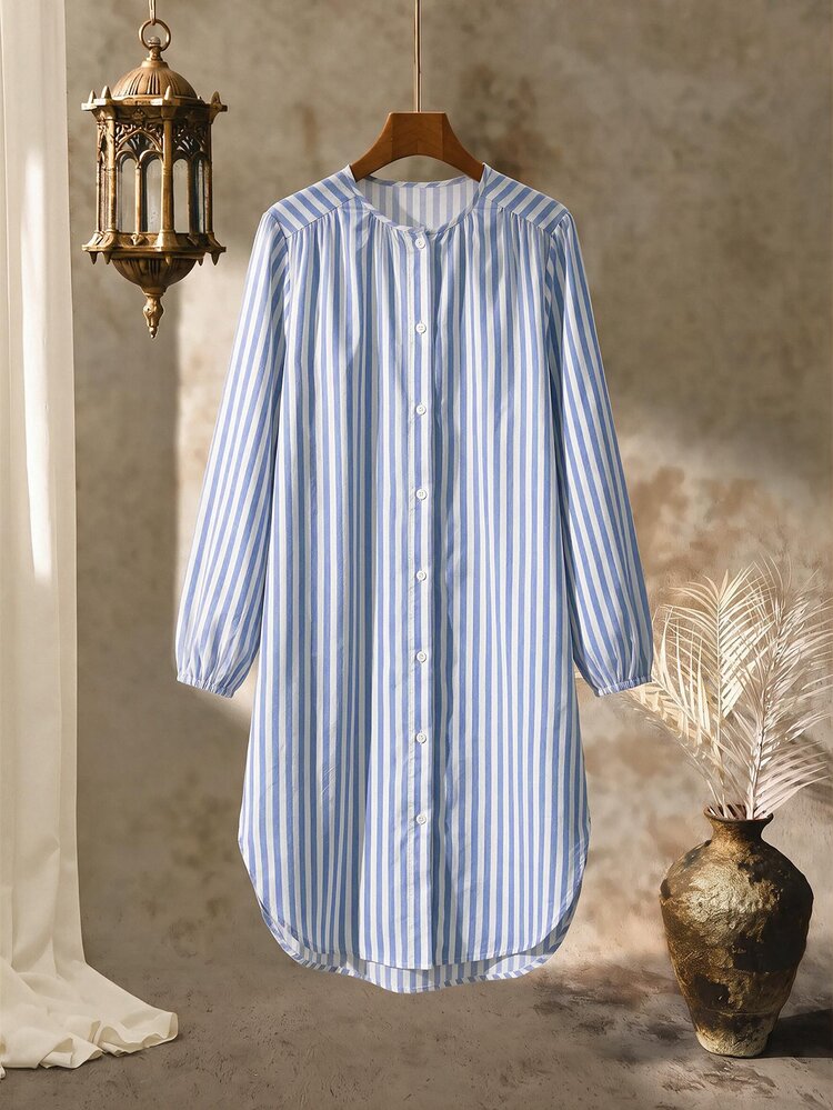 Rusticease Vestido casual de verano y otoño a rayas para mujer de talla grande - Azul y blanco - Añade 6
