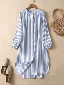 Rusticease Plus Size Women's Striped Casual Everyday Summer Dress Fall - Blue and White - View 4