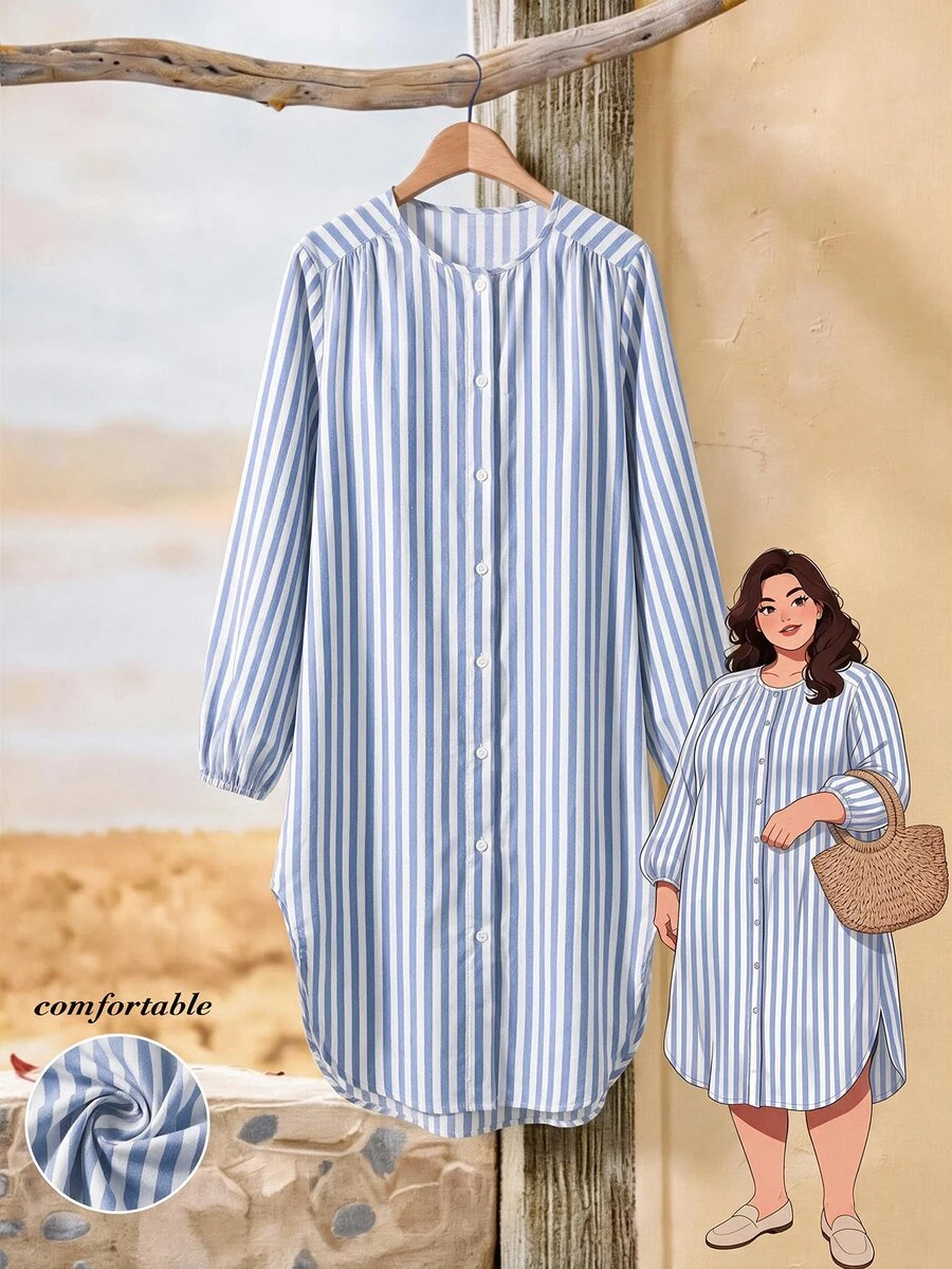 Rusticease Plus Size Women's Striped Casual Everyday Summer Dress Fall - Blue and White - View 1