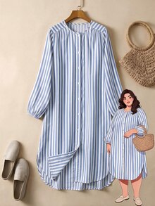 Rusticease Plus Size Women's Striped Casual Everyday Summer Dress Fall - Blue and White - View 2