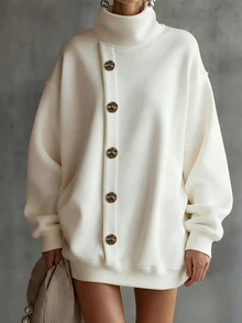 Solivie Women's Long Sweatshirt, High Neck, Sleeve, Metal Button Decoration, Fall Brunch Off White Casual Minimalist - White - View 2
