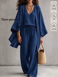 Linhara CURVE Plus Solid Open Front Coat & Tank Top & Wide Leg Pants Fall