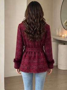 Yalmera Women's Fashionable Versatile Wool Blend Jacket With Waist Tie - Red - View 2