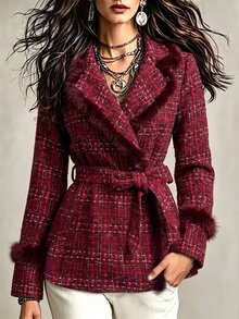 Yalmera Women's Fashionable Versatile Wool Blend Jacket With Waist Tie - Red - View 3
