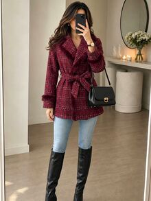 Yalmera Women's Fashionable Versatile Wool Blend Jacket With Waist Tie - Red - View 5