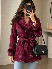 Yalmera Women's Fashionable Versatile Wool Blend Jacket With Waist Tie - Red - View 1