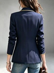 Trelyra Fall Winter British Style Gold Piping Trim Blazer Women Double-Breasted Slim Fit Blazer Versatile Co - Navy Blue - View 2