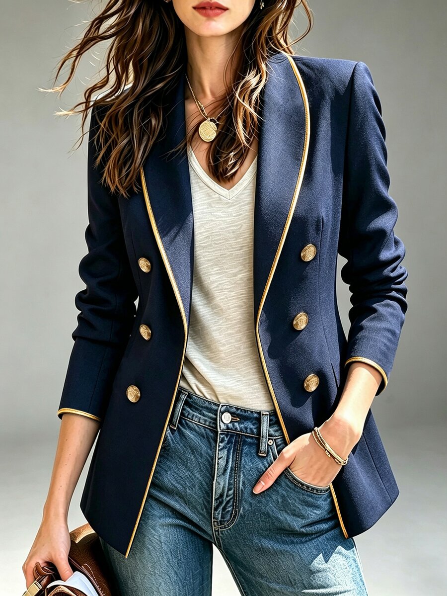 Trelyra Fall Winter British Style Gold Piping Trim Blazer Women Double-Breasted Slim Fit Blazer Versatile Co - Navy Blue - View 1