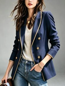 Trelyra Fall Winter British Style Gold Piping Trim Blazer Women Double-Breasted Slim Fit Blazer Versatile Co - Navy Blue - View 4