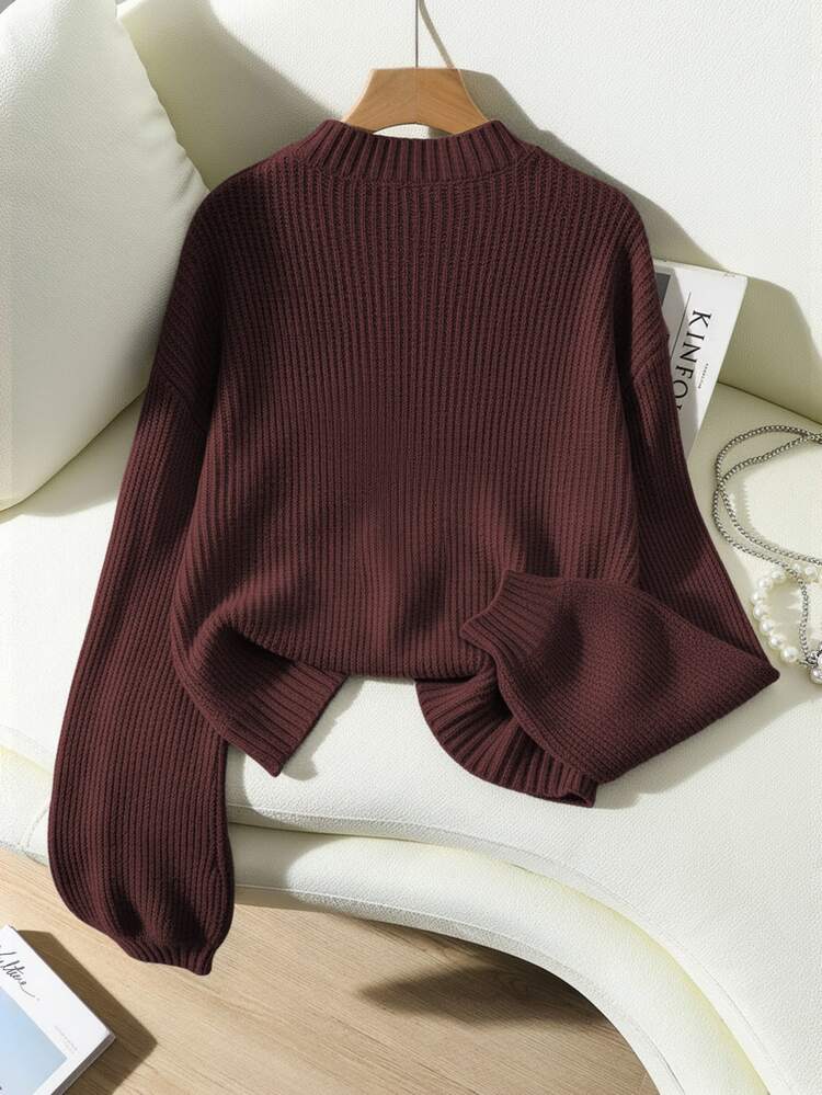 SHEIN Women's Solid Color Long Sleeve Crew Neck Ribbed Knit Fashion Sweater - Coffee Brown - View 2