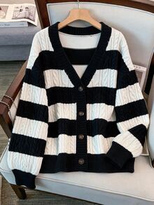 GlowEve CURVE Plus Size Women's Striped Cable Knit V-Neck Loose Fit Versatile Cardigan Sweater - Black and White - View 3