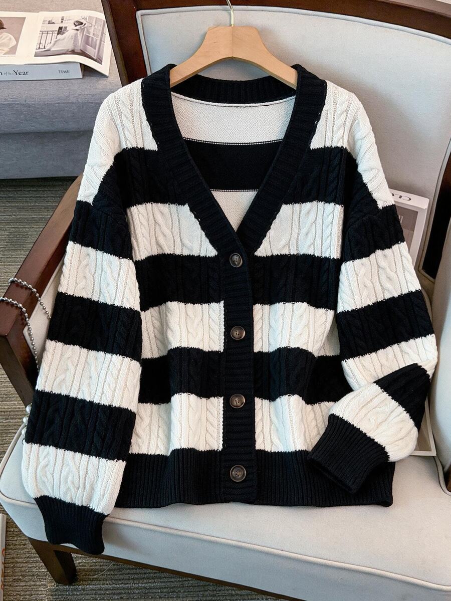 GlowEve CURVE Plus Size Women's Black And White Cable Knit V-Neck Loose Fit Versatile Cardigan Sweater Fall Office Formal Casual Elegant - Black and White - View 1