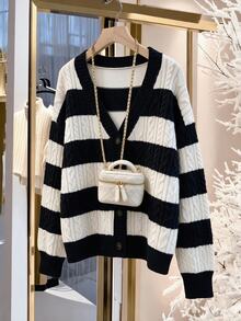 GlowEve CURVE Plus Size Women's Striped Cable Knit V-Neck Loose Fit Versatile Cardigan Sweater - Black and White - View 1