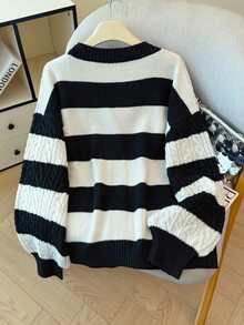 GlowEve CURVE Plus Size Women's Striped Cable Knit V-Neck Loose Fit Versatile Cardigan Sweater - Black and White - View 2