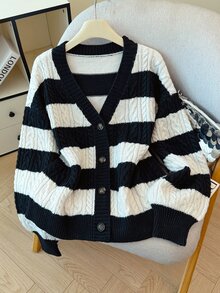 GlowEve CURVE Plus Size Women's Striped Cable Knit V-Neck Loose Fit Versatile Cardigan Sweater - Black and White - View 4