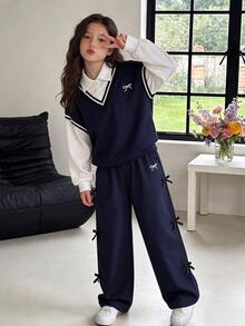 SHEIN 女童 2 件套 假分層衛衣寬腿褲 大學風長袖上衣 學生休閒 80 年代穿搭 秋季校園 海軍藍 - 藏蓝色 - 查看 8