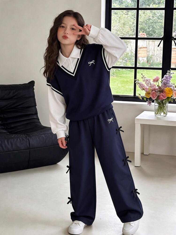 SHEIN Girls' 2 Pieces Set Faux Layered Sweatshirt Wide Leg Pants College Style Long Sleeve Top Student Casual 80s Outfit Fall School Navy Blue Sport - Navy Blue - View 8