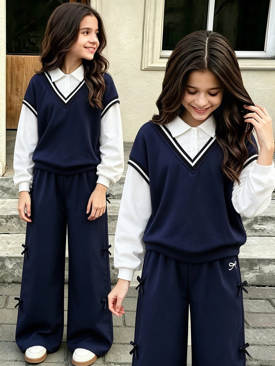 SHEIN 女童 2 件套 假分層衛衣寬腿褲 大學風長袖上衣 學生休閒 80 年代穿搭 秋季校園 海軍藍 - 藏蓝色 - 查看 1
