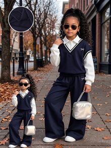 SHEIN 女童 2 件套 假分層衛衣寬腿褲 大學風長袖上衣 學生休閒 80 年代穿搭 秋季校園 海軍藍 - 藏蓝色 - 查看 9