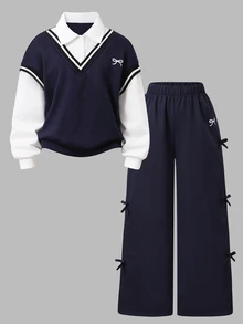 SHEIN 女童 2 件套 假分層衛衣寬腿褲 大學風長袖上衣 學生休閒 80 年代穿搭 秋季校園 海軍藍 - 藏蓝色 - 查看 4