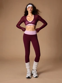 VARSIVA Women's Colorblock Top And Pants Sports Sporty Modest Athleisure Sexy Athletic Set Gym Burgundy Light Pink Fall - Multicolor - View 5