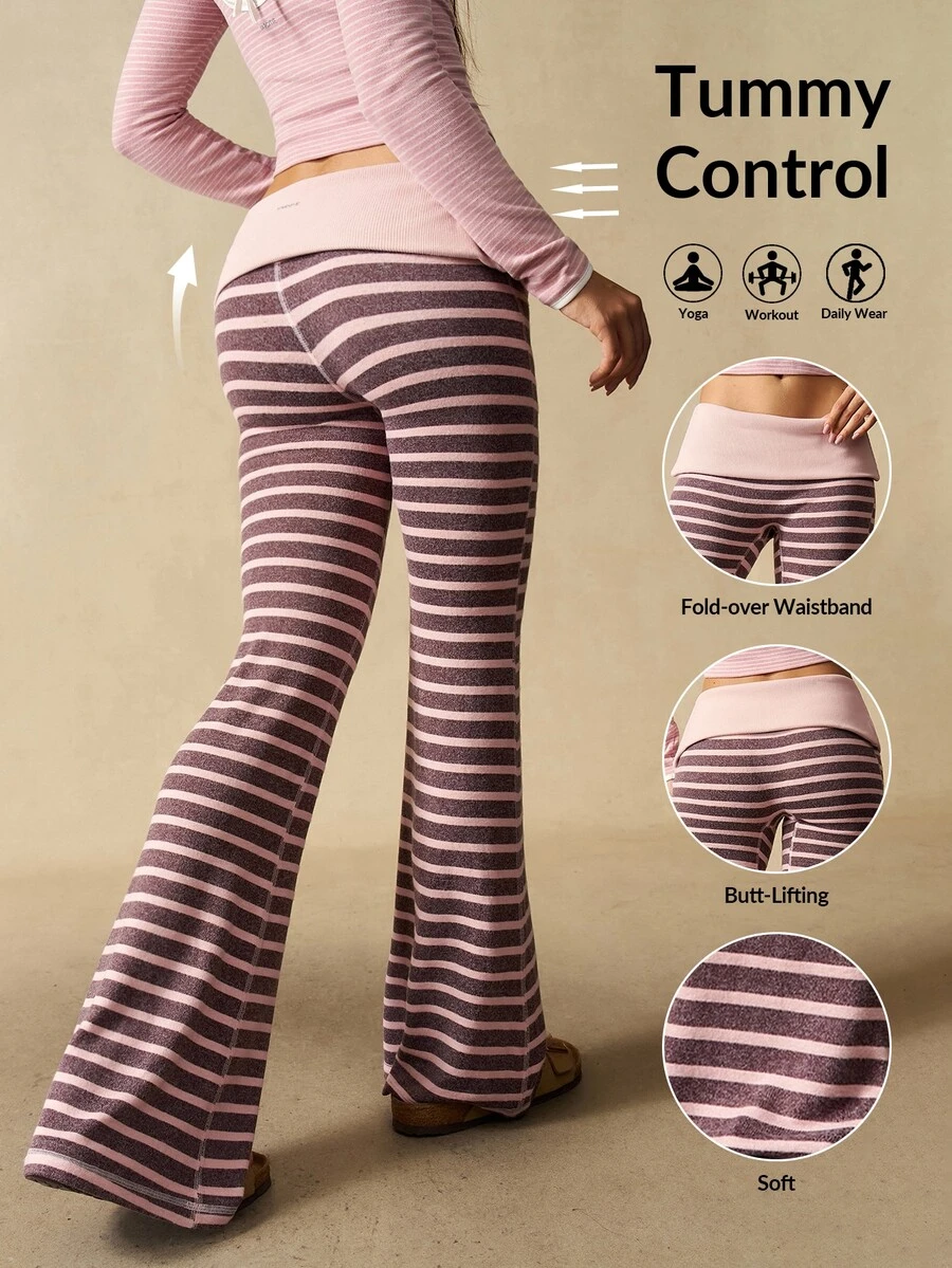 VARSIVA Women Sports Activewear Bottom's Casual Athletic Low Waisted Baggy Pink Flared Pants With Waist Fold Over Leggings Gym Workout Yoga Summer