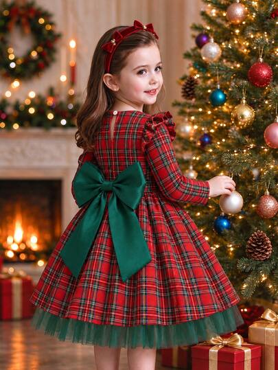 Glamorique Kids Girls Plaid Dress, Festive Flower Girl, Ruffle Shoulder, Long‑Sleeve Swing Midi, Wedding 7th Birthday Holiday, Autumn Winter Red