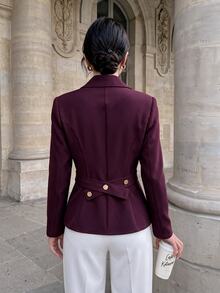 Modelyn Blazer Wanita Elegan Warna Polos Lengan Panjang Bahu Reguler, Jaket Kasual Dekorasi Gesper Logam, Cocok untuk Pakaian Kantor, Makan Malam, dan Perjalanan Musim Gugur - Purple - View 3