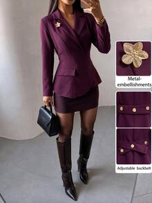 Modelyn Blazer Wanita Elegan Warna Polos Lengan Panjang Bahu Reguler, Jaket Kasual Dekorasi Gesper Logam, Cocok untuk Pakaian Kantor, Makan Malam, dan Perjalanan Musim Gugur - Purple - View 8