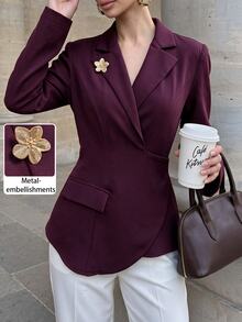Modelyn Blazer Wanita Elegan Warna Polos Lengan Panjang Bahu Reguler, Jaket Kasual Dekorasi Gesper Logam, Cocok untuk Pakaian Kantor, Makan Malam, dan Perjalanan Musim Gugur - Purple - View 7