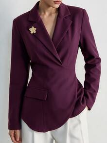 Modelyn Blazer Wanita Elegan Warna Polos Lengan Panjang Bahu Reguler, Jaket Kasual Dekorasi Gesper Logam, Cocok untuk Pakaian Kantor, Makan Malam, dan Perjalanan Musim Gugur - Purple - View 4