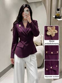 Modelyn Blazer Wanita Elegan Warna Polos Lengan Panjang Bahu Reguler, Jaket Kasual Dekorasi Gesper Logam, Cocok untuk Pakaian Kantor, Makan Malam, dan Perjalanan Musim Gugur - Purple - View 2