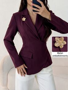 Modelyn Blazer Wanita Elegan Warna Polos Lengan Panjang Bahu Reguler, Jaket Kasual Dekorasi Gesper Logam, Cocok untuk Pakaian Kantor, Makan Malam, dan Perjalanan Musim Gugur - Purple - View 6