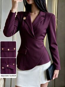 Modelyn Blazer Wanita Elegan Warna Polos Lengan Panjang Bahu Reguler, Jaket Kasual Dekorasi Gesper Logam, Cocok untuk Pakaian Kantor, Makan Malam, dan Perjalanan Musim Gugur - Purple - View 5