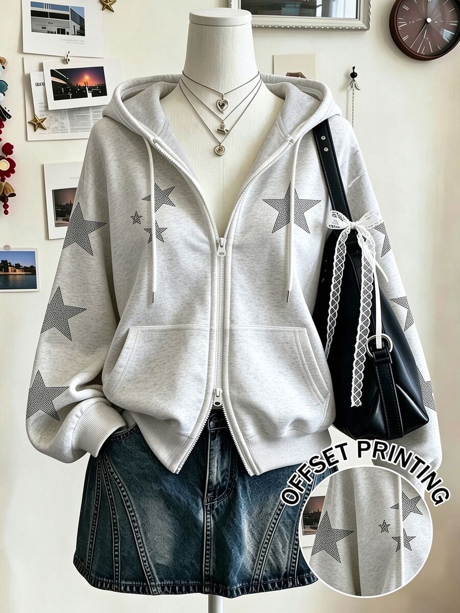 Collagica Collagica 女款外套上衣，秋冬新款，圖案星印，學生風，攝影街拍，女款休閒雙拉鍊運動衫 - 灰色 - 查看 1