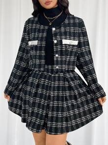 Firerie 大尺碼女款優雅通勤職場裝，精緻高端下午茶、微性感約會演唱會學院風黑白格紋印花長袖外套與百褶迷你裙，返校季穿搭，法蘭絨秋冬兩件套，女款格紋兩件套西裝外套與裙子套裝 - 黑與白 - 查看 6