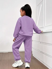 SHEIN Tween Girl Comfortable Casual Kids Minimalist English Slogan Print Oversize Crew Neck Long Sleeve Pullover Sweatshirt And Tapered Sweatpants Set - Purple - View 2