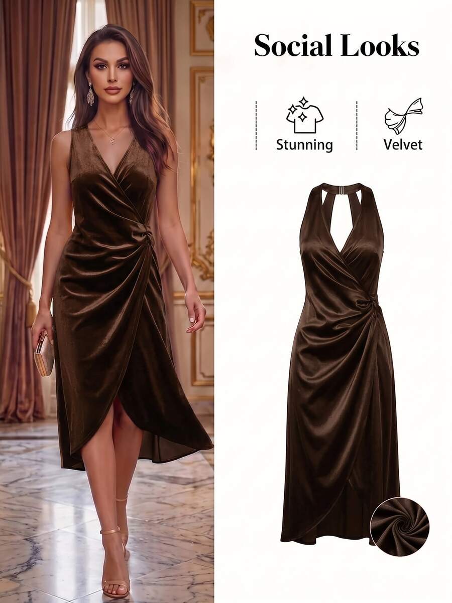 Ellevyn Women's Solid Color Cross Neck Pleated Cinched Waist Asymmetrical Hem Sleeveless Dress - Brown - View 1