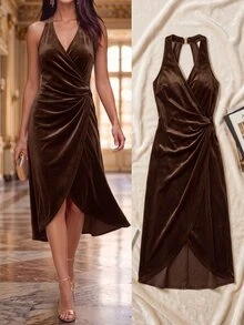 Ellevyn Women's Solid Color Cross Neck Pleated Cinched Waist Asymmetrical Hem Sleeveless Dress - Brown - View 5
